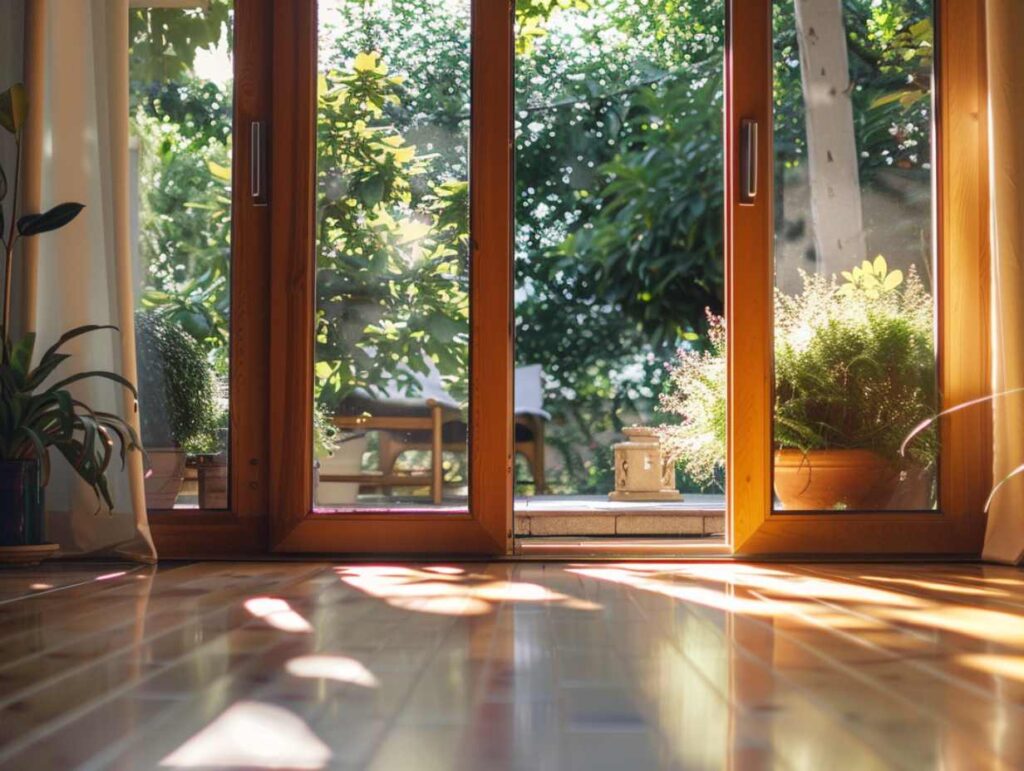Photo d'une porte fenêtre en bois avec une finition polie. La lumière du jour qui traverse la porte, apporte une atmosphère paisible.
